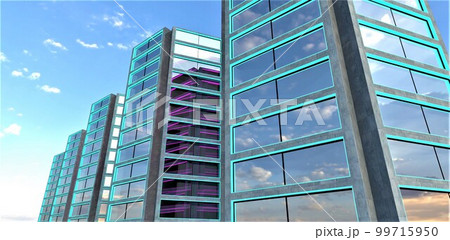Exclusive design of the several skyscrapers constructed in a row. Glass facade reflecting sunny day. 3d rendering. 99715950