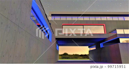 Pass between concrete walls outside the yard of the contemporary estate with glowing window arches at night. 3d rendering. 99715951