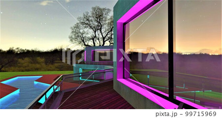 View of the amazing glowing pool from the stylish balcony with wooden floor and glass fence. Purple illumination of the window arch at night. 3d rendering. 99715969