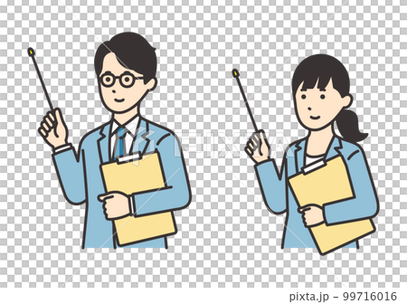 Illustration set of women and men in suits with materials and pointing sticks 99716016
