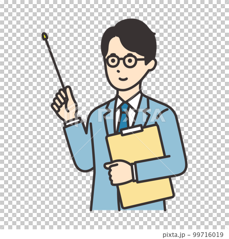 Illustration of a man in a suit holding a document and a pointing stick 99716019