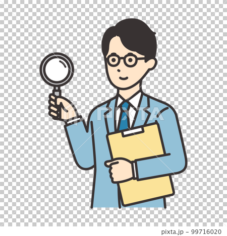 資料とルーペを持つスーツを着た男性のイラスト 99716020