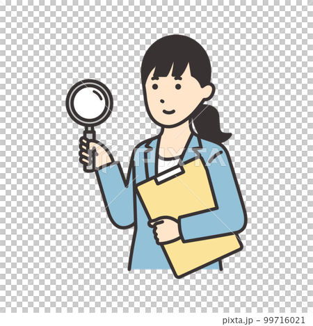 Illustration of a woman in a suit holding documents and a magnifying glass Illustration of a woman in a suit holding documents and a magnifying glass 99716021