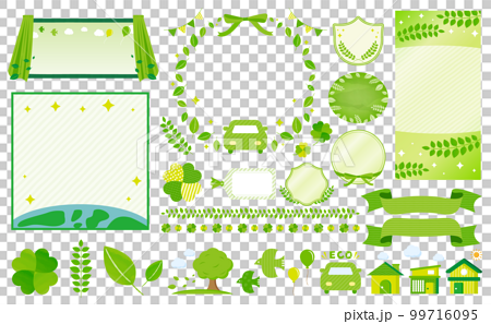 葉っぱ・グリーン・車・エコカーイメージの水彩手描き風可愛いシンプルベクターデザインフレーム&イラスト 99716095