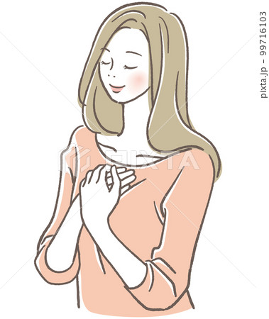 胸に手を当てて目を閉じる女性 99716103