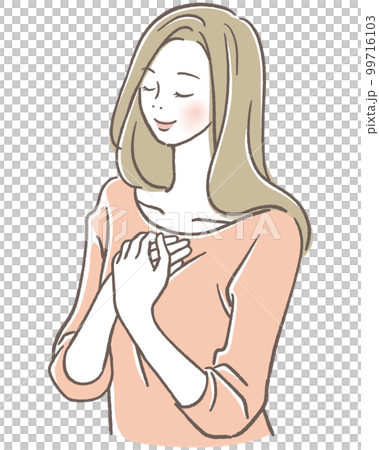 胸に手を当てて目を閉じる女性 99716103