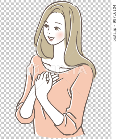 A woman holding her hand on her chest A woman holding her hand on her chest 99716104