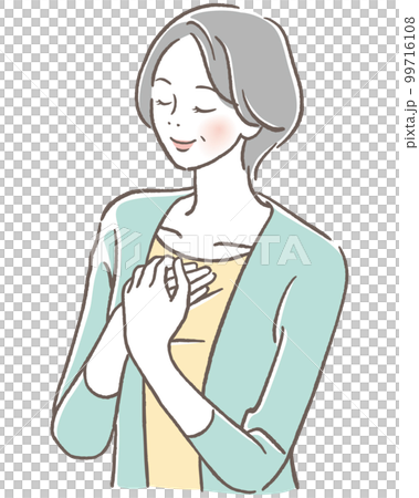 Senior woman who puts her hand on her chest and closes her eyes Senior woman who puts her hand on her chest and closes her eyes 99716108