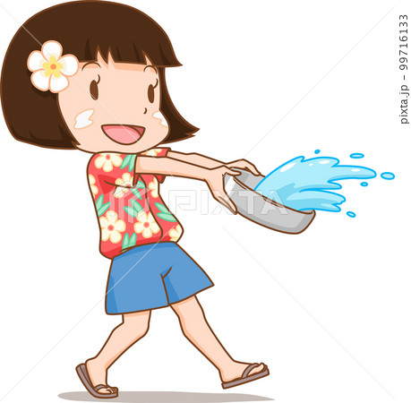 Cute girl splashing water with water bowl in Songkran festival. 99716133