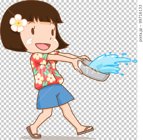 Cute girl splashing water with water bowl in Songkran festival. Cute girl splashing water with water bowl in Songkran festival. 99716133