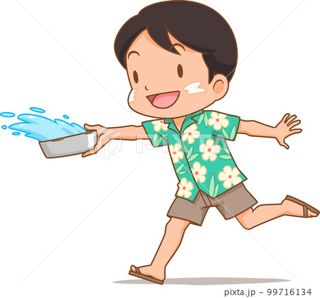 Cute boy splashing water with water bowl in Songkran festival. Cute boy splashing water with water bowl in Songkran festival. 99716134