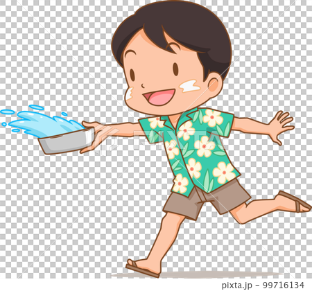Cute boy splashing water with water bowl in Songkran festival. 99716134