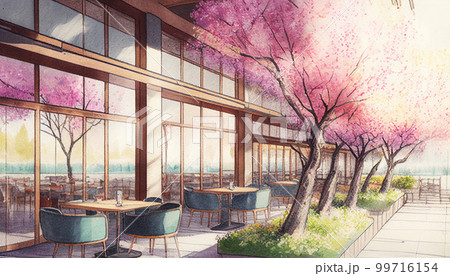 サクラの見えるレストラン　水彩イラスト　建築パース　AI画像 99716154