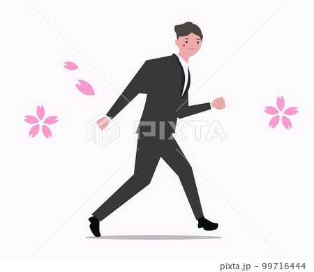 春に向けて走り出すビジネスマン。桜 新学期 新生活 応援 頑張る 新卒 ベクターイラスト	 99716444