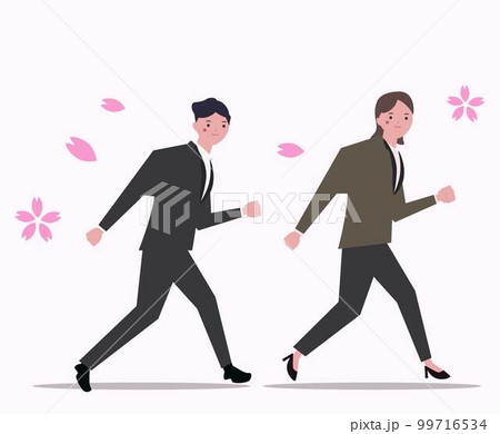 春に向けて走り出すビジネスマンとビジネスウーマン。桜 新学期 新生活 応援 頑張る 新卒 ベクターイ 99716534