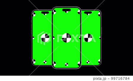 3D render of three smartphone on background with Alpha channel. Rotating in screen. With a green screen for easy keying. Computer generated image. Easy customizable. 3D render of three smartphone on background with Alpha channel. Rotating in screen. With a green screen for easy keying. Computer generated image. Easy customizable. 99716784