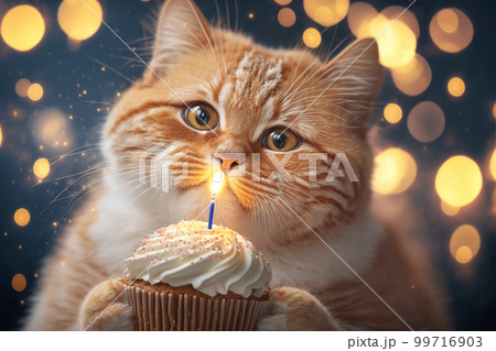 Big ginger cat celebrates birthday with cupcake on festive bokeh background. Generative AI illustration Big ginger cat celebrates birthday with cupcake on festive bokeh background. Generative AI illustration 99716903