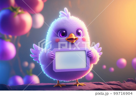 Cute chick holding a blank frame with copy space on a gradient background. Generative AI illustration 99716904