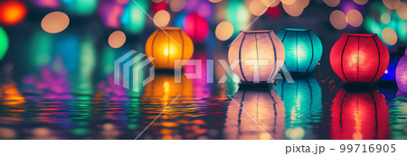 Banner with Paper lanterns float on dark water. Traditional Floating Lantern Festival, Memorial Day. Generative AI illustration 99716905