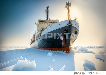 Icebreaker breaks ice hummocks and ice floes in the Arctic Ocean against of dramatic sky. Generative AI illustration 99716908