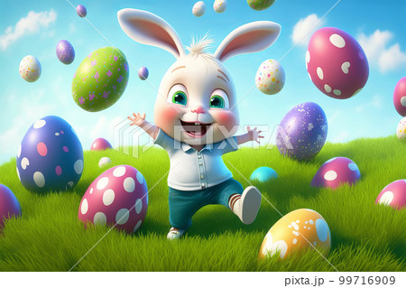 Cute little bunny kid playing with Easter eggs on a green lawn. Generative AI illustration 99716909