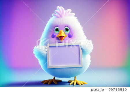 Cute chick holding a blank frame with copy space on a gradient background. Generative AI illustration Cute chick holding a blank frame with copy space on a gradient background. Generative AI illustration 99716919