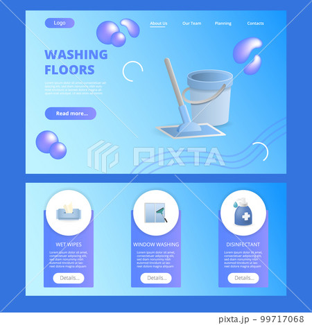 Washing floors flat landing page website template. Wet wipes, window washing, disinfectant. Web banner with header, content and footer. Vector illustration. Washing floors flat landing page website template. Wet wipes, window washing, disinfectant. Web banner with header, content and footer. Vector illustration. 99717068