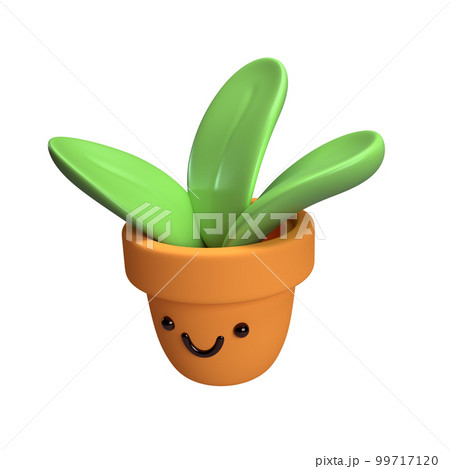 Flower, plant with green leaves in pot. Gardening concept. 3d icon render flowerpot isolated on white background with clipping path. Cartoon minimal style 99717120