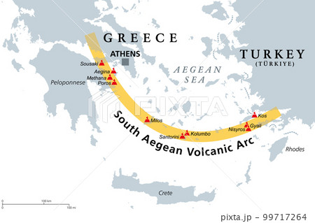 South Aegean Volcanic Arc map. Chain of volcanoes formed by plate tectonics, caused by subduction of the African beneath the Eurasian plate, raising the Aegean arc across what is now the Aegean Sea. South Aegean Volcanic Arc map. Chain of volcanoes formed by plate tectonics, caused by subduction of the African beneath the Eurasian plate, raising the Aegean arc across what is now the Aegean Sea. 99717264