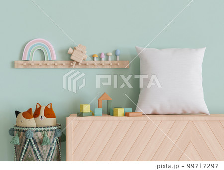 White square pillow in kids room. Blank cushion case template for your graphic design presentation. Pillow cover mock up for print, pattern, personalized illustration. Close-up. 3D rendering. 99717297