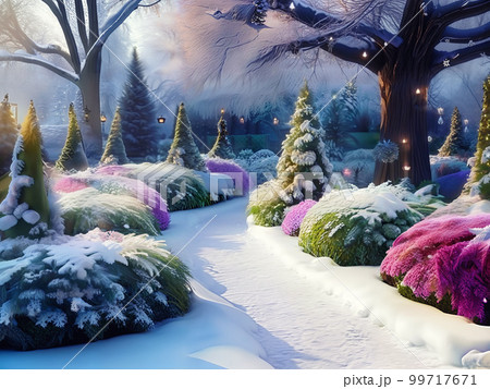 winter garden with bushes and spruces. Winter atmospheric landscape 99717671