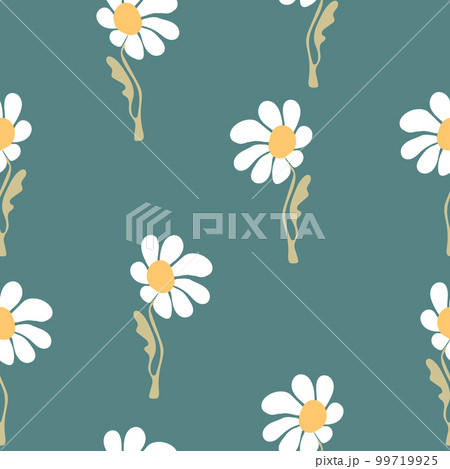 Seamless floral pattern based on traditional folk art ornaments. Colorful chamomile, daisy flowers on color background. Scandinavian style. Vector illustration. Simple minimalistic pattern 99719925