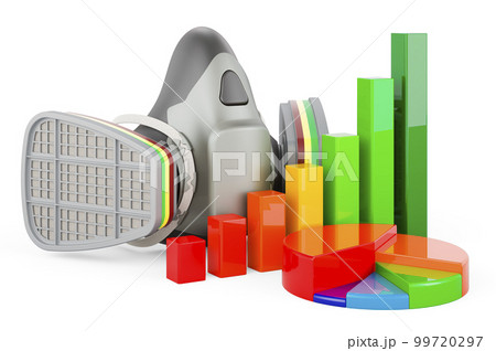 Reusable Half Face Cover, respirator with growth bar graph and pie chart. 3D rendering Reusable Half Face Cover, respirator with growth bar graph and pie chart. 3D rendering 99720297