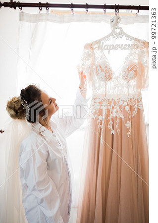 Portrait of beautiful bride with fashion veil at wedding morning Portrait of beautiful bride with fashion veil at wedding morning 99721363