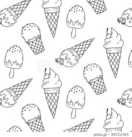 Seamless pattern with ice cream in doodle style. Vector illustration. Linear print with ice cream. Seamless pattern with ice cream in doodle style. Vector illustration. Linear print with ice cream. 99722465