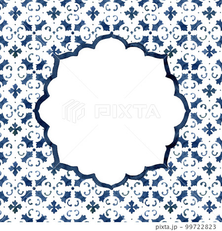 Watercolor square frame consisting of blue classical elements and Mediterranean tiles. Hand painted traditional illustration isolation on white background for design, print, fabric or background. 99722823