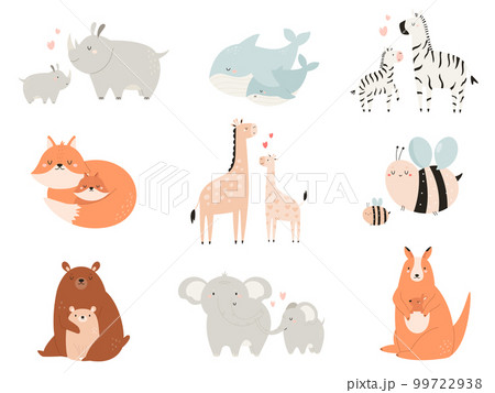 Vector illustrations of cute baby animals with parents. 99722938