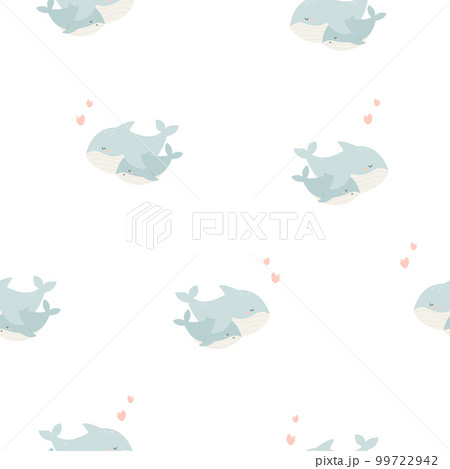 Seamless pattern with cute mother whale and baby on white background. Seamless pattern with cute mother whale and baby on white background. 99722942
