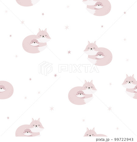 Seamless pattern with cute mother fox and baby on white background. Seamless pattern with cute mother fox and baby on white background. 99722943