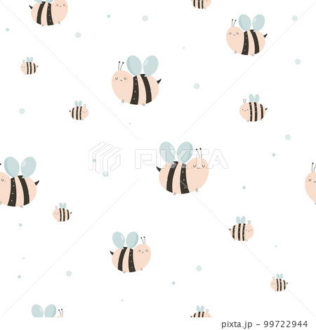 Seamless pattern with cute mother bee and baby on white background. 99722944