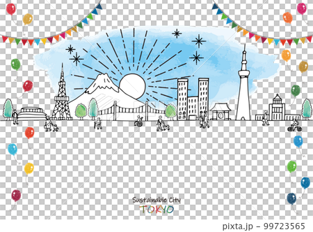 可持續城市東京和可持續發展目標形象的手繪插圖 可持續城市東京和可持續發展目標形象的手繪插圖 99723565