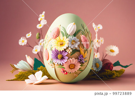 Happpy Easter background. Cracked Easter egg with flowers inside on pink background Spring decoration. Created with Generative AI 99723889