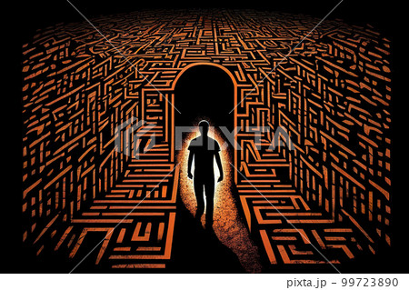 Person wanders in labyrinth of his consciousness. Man silhouette in mase of his mand. Mental health and depression concept. Created with Generative AI 99723890