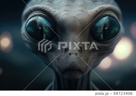 Alien humanoid portait on dark background. Invasion of extraterrestrial. Alien abduction. Created with Generative AI 99723906