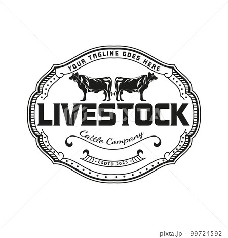 Retro Vintage illustration of Livestock Beef Emblem Cattle logo label, Typography vector design stamp. 99724592