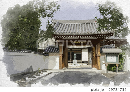 水彩画風　蓮長寺　山門　奈良県奈良市 99724753