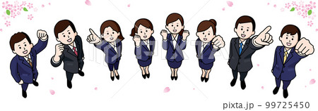 並んでガッツポーズする新社会人の男女8人と桜 99725450