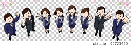 並んでガッツポーズする新社会人の男女8人と桜 99725450