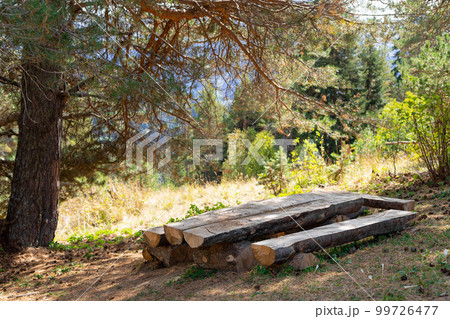 wooden rest area with table and benches in a mountain autumn forest. wooden rest area with table and benches in a mountain autumn forest. 99726477