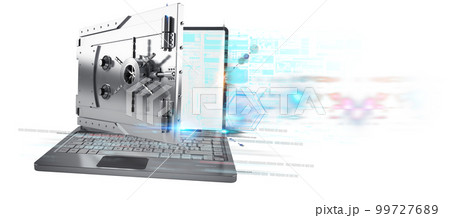 Safe on a laptop. concept of hacking and data security system. 3d rendering 99727689